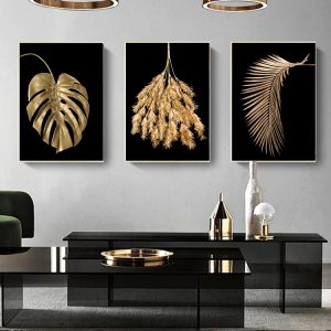 www.smallart.pl zestaw obrazów komplet plakatów monstera palmy palam liście złote obrazy czarno złote w złotych ramach ramkach czarnych białych zestaw obrazów do salonu obraz glamour (4)