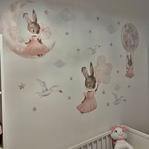 www.smallart.pl naklejka naścienna naklejka ścienna na ścianę pastelowe króliczki króliczki baletnica królik baletnica różowe króliczki księżyc gwiazdy balony (3)