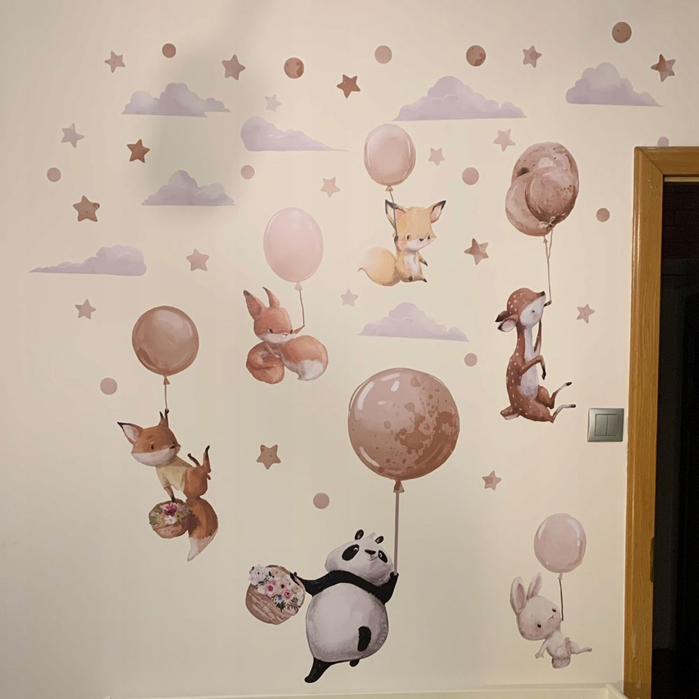 www.smallart.pl naklejka ścienna na ścianę zestaw naklejek komplet zwierzątka zwierzęta i balony beżowe vitnage brązowe stonowane retro baloniki chmury chmurki (1)