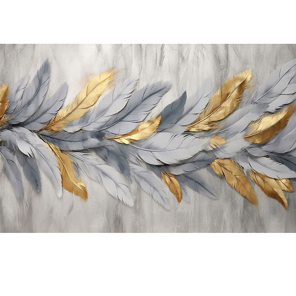 www.smallart.pl tapeta fototapeta na wymiar modna nowoczesna zmywalna elegancka glamour pióra złote białe palmy liście pióra ptasie w złocie beton szary (2)