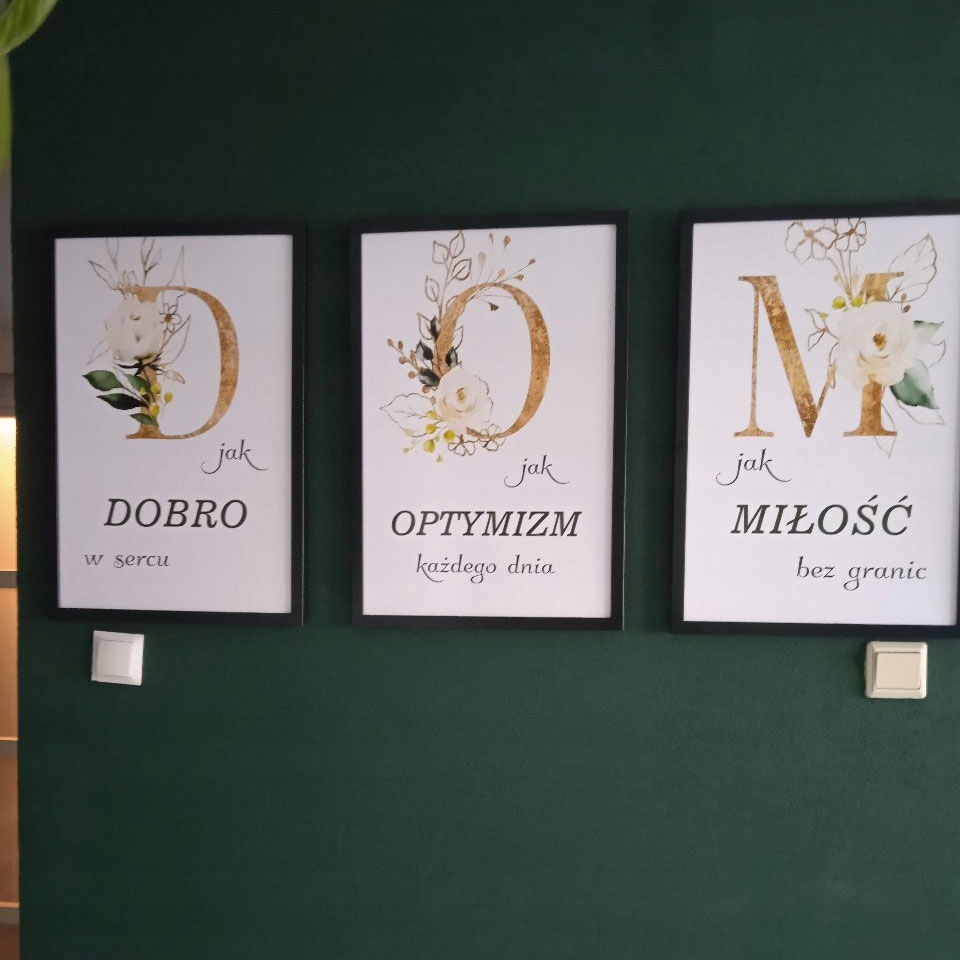 www.smallart.pl obrazy komplet zestaw obrazów plakaty i ramki ramka dom napisy miłość dobro optymizm do salonu kuchni jadalni wiatrołapu na ścianę ramki złote białe czarne (11)