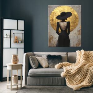 Obraz na płótnie Kobieta w kapeluszu – złoto abstrakcja